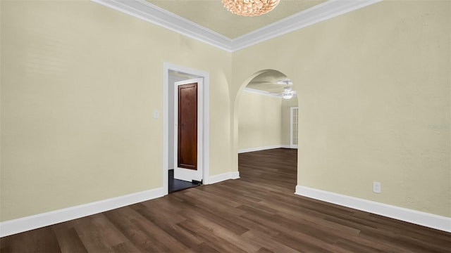 unfurnished room with crown molding and dark wood-type flooring