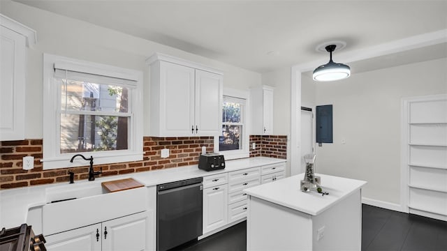 kitchen with white cabinets, a healthy amount of sunlight, black dishwasher, and hanging light fixtures