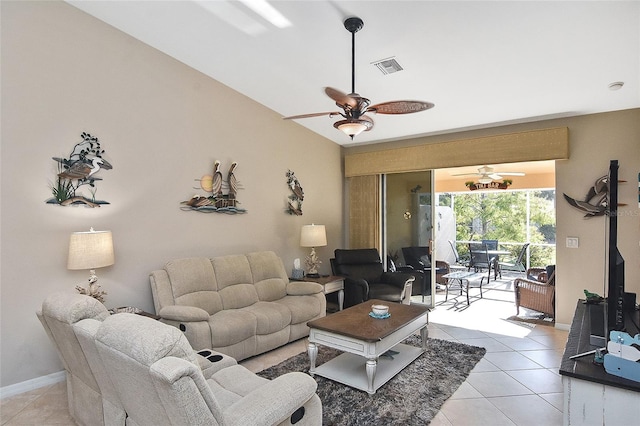 tiled living room featuring ceiling fan