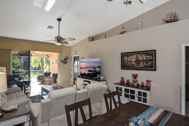 living room featuring high vaulted ceiling and ceiling fan