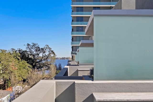 view of patio featuring a water view