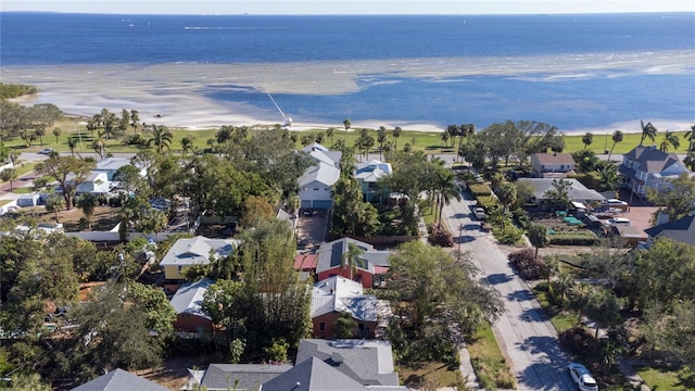 aerial view featuring a water view and a beach view