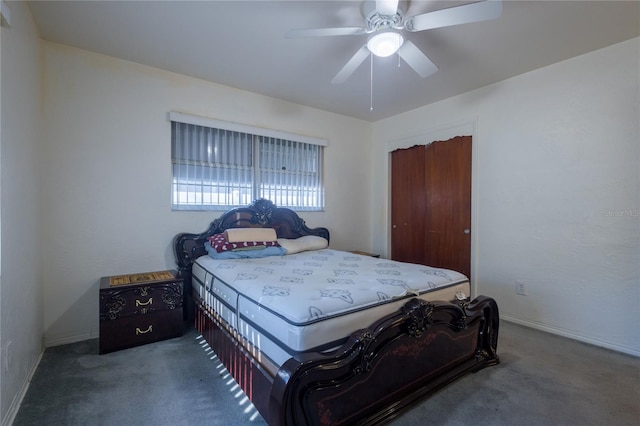 carpeted bedroom featuring ceiling fan