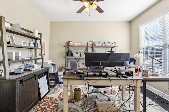 office area featuring ceiling fan and light wood-type flooring