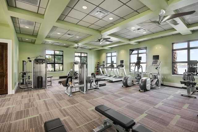 workout area with ceiling fan, light colored carpet, and coffered ceiling