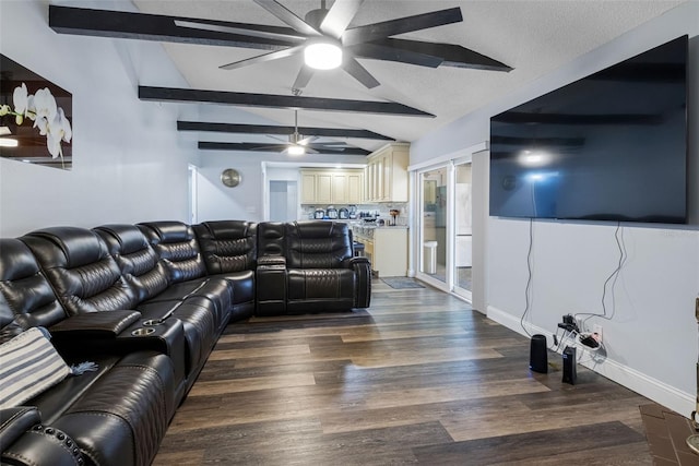 living room with a textured ceiling, vaulted ceiling with beams, and dark hardwood / wood-style floors