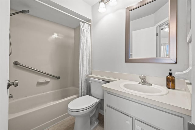 full bathroom with shower / tub combo, vanity, and toilet