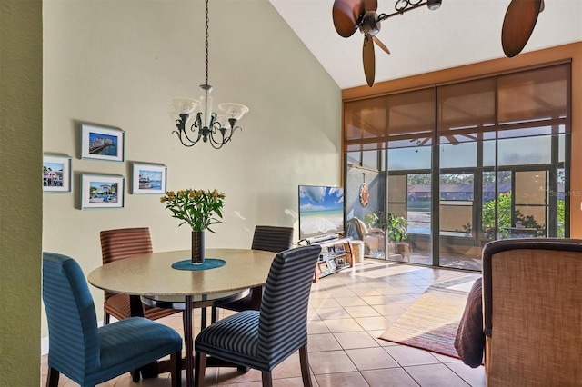 4542 Park Lake Ter N Unit 4542, Bradenton, FL 34209 - tiled dining space featuring high vaulted ceiling, a chandelier, and ceiling fan