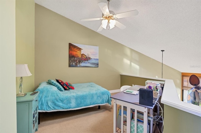 carpeted bedroom featuring ceiling fan, lofted ceiling, and a textured ceiling