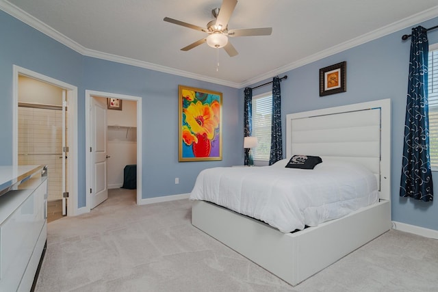 16819 Shell Bay Dr, Land O Lakes, FL 34638 - carpeted bedroom featuring ornamental molding, baseboards, a walk in closet, connected bathroom, and ceiling fan