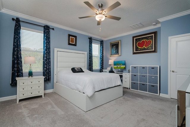 16819 Shell Bay Dr, Land O Lakes, FL 34638 - carpeted bedroom with crown molding, baseboards, and a ceiling fan