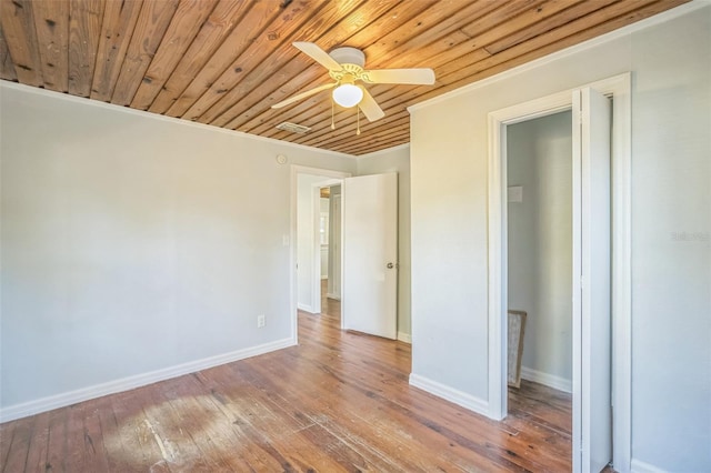 unfurnished bedroom featuring hardwood / wood-style floors, ceiling fan, wood ceiling, and crown molding