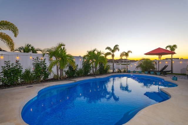 pool at dusk featuring a patio area