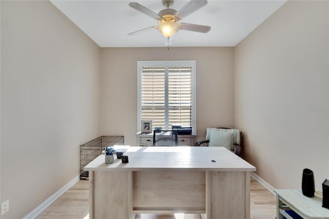 office area featuring light wood-type flooring and ceiling fan