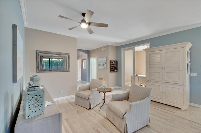 interior space with crown molding, ceiling fan, and light hardwood / wood-style floors