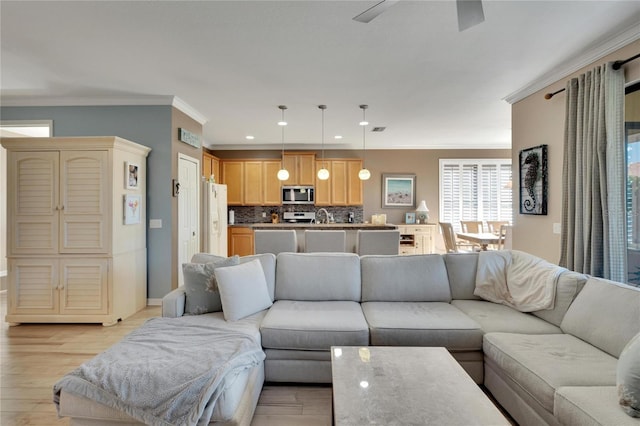 living room featuring light hardwood / wood-style flooring, ceiling fan, crown molding, and sink