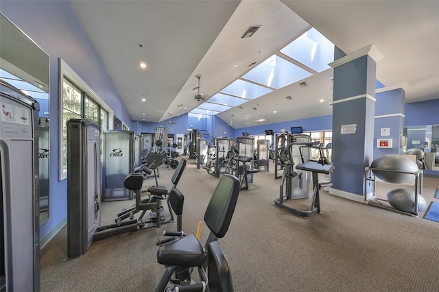 gym with lofted ceiling with skylight