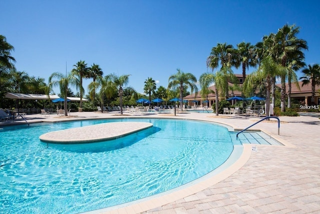 view of swimming pool featuring a patio area