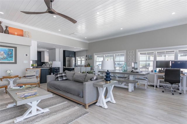 living room featuring ceiling fan, light hardwood / wood-style flooring, wooden ceiling, and ornamental molding