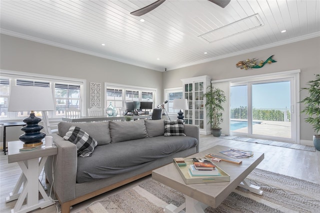 living room featuring light hardwood / wood-style floors, ceiling fan, crown molding, and wood ceiling