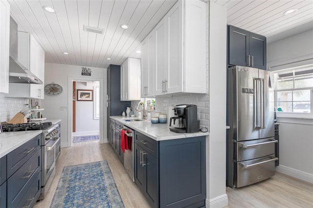 kitchen featuring sink, wall chimney range hood, tasteful backsplash, high quality appliances, and white cabinets