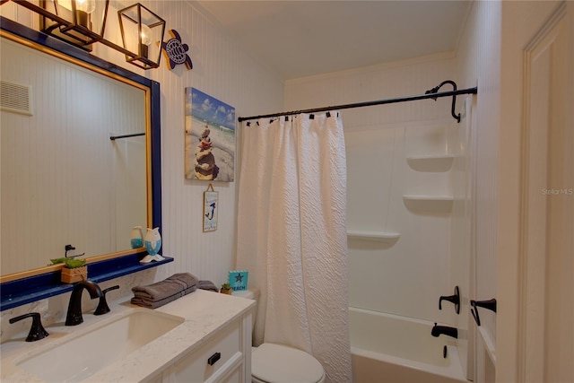 full bathroom with vanity, toilet, shower / bathtub combination with curtain, and crown molding