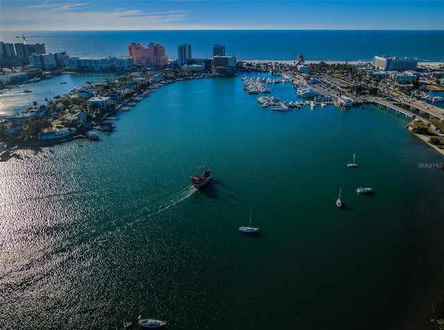 drone / aerial view featuring a water view