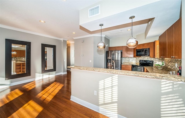 kitchen featuring backsplash, black range with electric stovetop, stainless steel refrigerator with ice dispenser, dark hardwood / wood-style floors, and kitchen peninsula