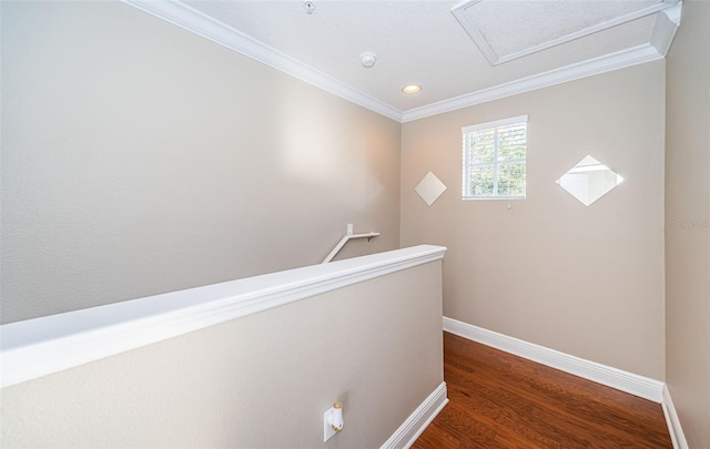 hallway with dark hardwood / wood-style floors and ornamental molding