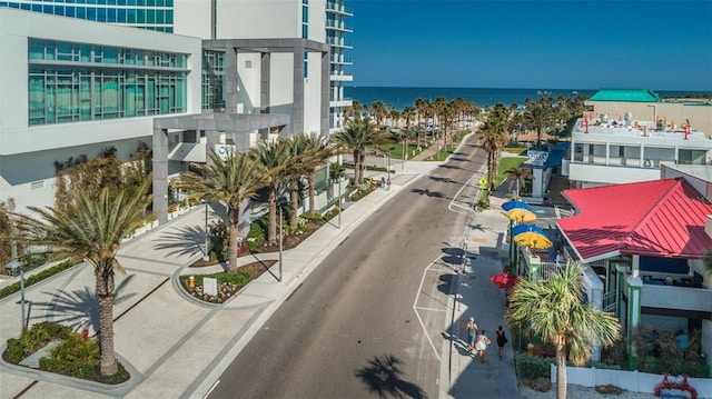 exterior space with a water view