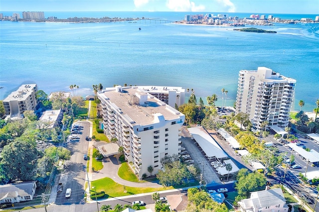 drone / aerial view featuring a water view