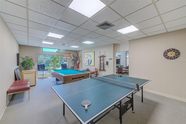 recreation room featuring carpet flooring, a paneled ceiling, and pool table