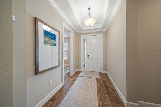 doorway featuring a tray ceiling, dark hardwood / wood-style flooring, and ornamental molding