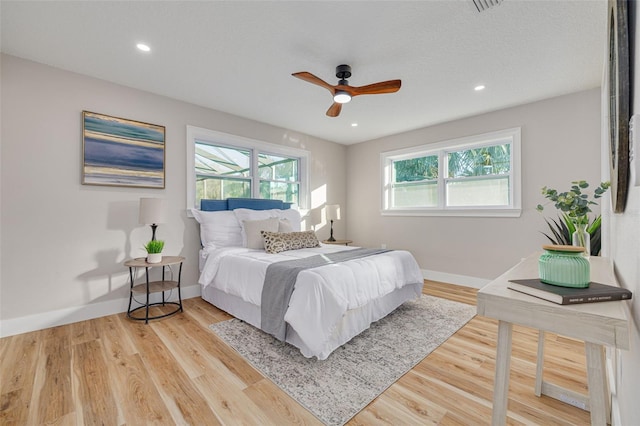 bedroom featuring light hardwood / wood-style floors and ceiling fan