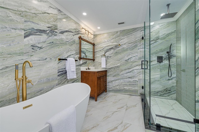 bathroom with vanity, ornamental molding, shower with separate bathtub, and tile walls