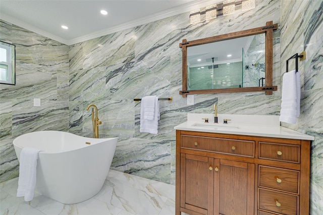 bathroom with vanity, ornamental molding, shower with separate bathtub, and tile walls