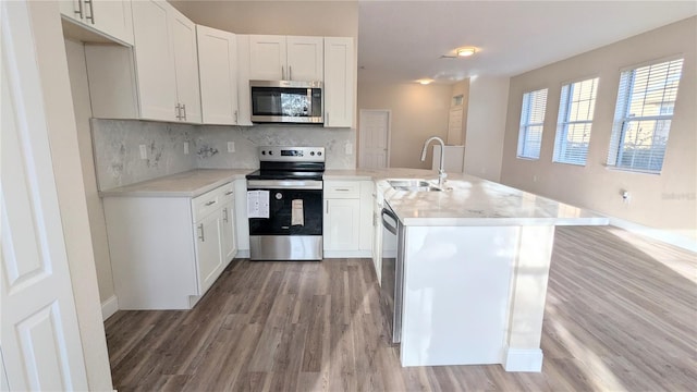 9060 Moonlit Meadows Loop, Riverview, FL 33578 - kitchen featuring appliances with stainless steel finishes, a peninsula, a sink, light wood finished floors, and decorative backsplash