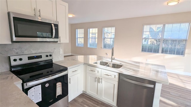 9060 Moonlit Meadows Loop, Riverview, FL 33578 - kitchen with appliances with stainless steel finishes, a sink, a peninsula, light wood finished floors, and light stone countertops