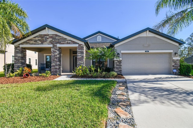 8144 Sequester Loop, Land O Lakes, FL 34637 - view of front of home featuring stucco siding, stone siding, a front yard, concrete driveway, and an attached garage