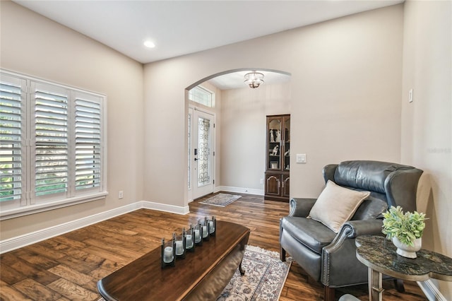 8144 Sequester Loop, Land O Lakes, FL 34637 - sitting room featuring arched walkways, plenty of natural light, wood finished floors, baseboards, and recessed lighting