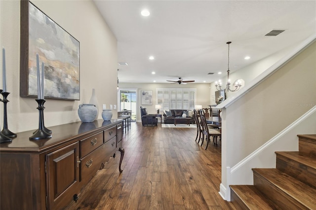 8144 Sequester Loop, Land O Lakes, FL 34637 - foyer with dark wood-style flooring, ceiling fan, stairs, and recessed lighting