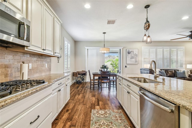 kitchen with a wealth of natural light, sink, dark hardwood / wood-style floors, and appliances with stainless steel finishes