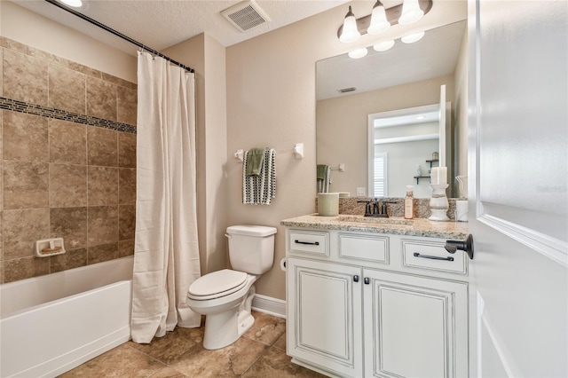 full bathroom featuring tile patterned flooring, vanity, toilet, and shower / bathtub combination with curtain