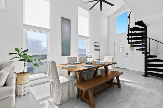 dining room featuring plenty of natural light and high vaulted ceiling