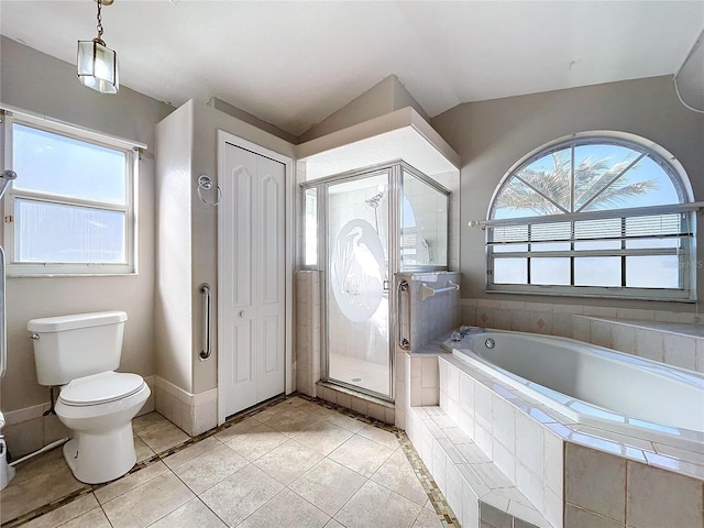 bathroom featuring plenty of natural light, plus walk in shower, vaulted ceiling, and toilet