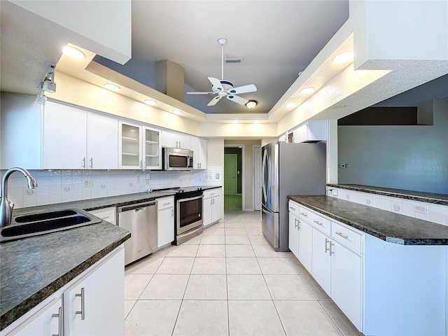 kitchen featuring white cabinetry, sink, ceiling fan, stainless steel appliances, and a tray ceiling