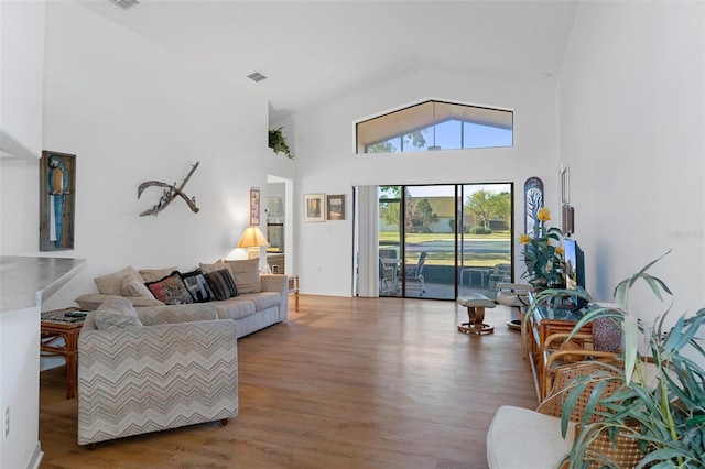 living room featuring high vaulted ceiling and hardwood / wood-style flooring