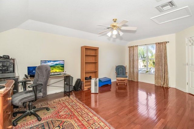 home office with wood-type flooring, ceiling fan, and lofted ceiling