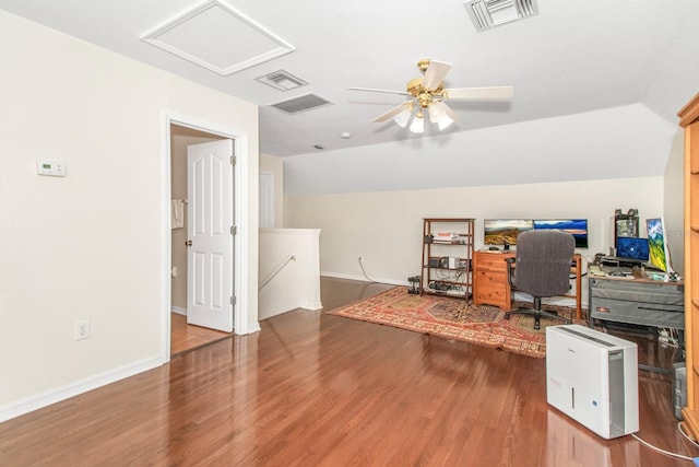 office area with ceiling fan, wood-type flooring, and lofted ceiling