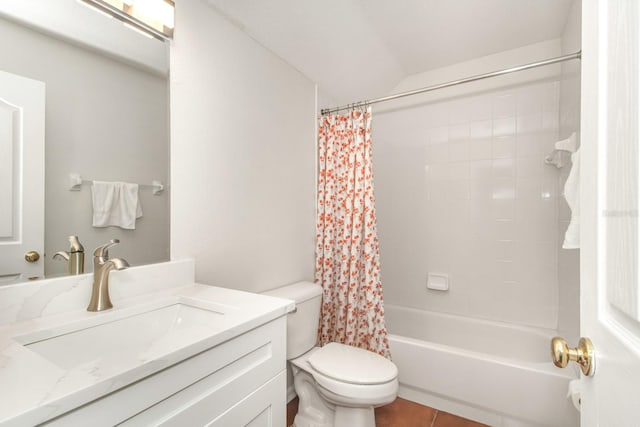 full bathroom with tile patterned flooring, vanity, toilet, and shower / bathtub combination with curtain